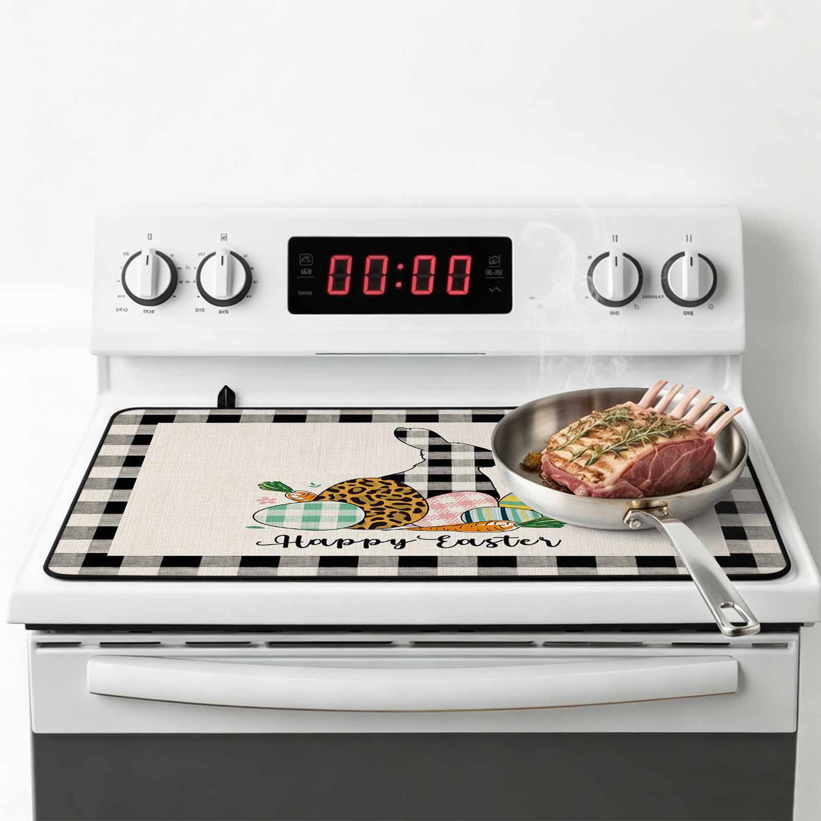 Happy Easter Bunny Stove Top Cover for Electric Stove, Heat-proof & Non Slip Glass Top Stove Cover Protector, Floral Eggs Black White Buffalo Kitchen Flat Cooktop Rubber Mat 24x21 Inches