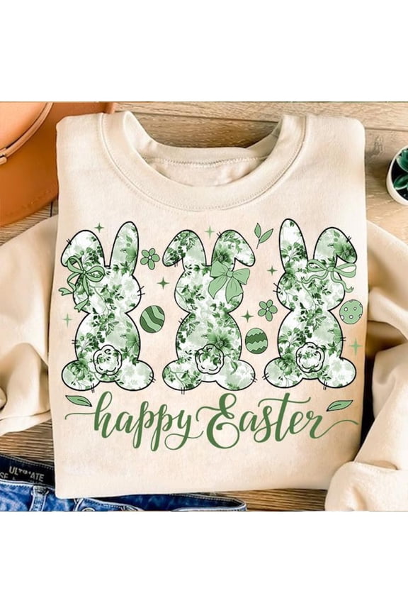 Happy Easter Bunny Sweater, Green Floral Chinoiserie Grand Millennial Toile Rabbit Coquette Sweatshirt