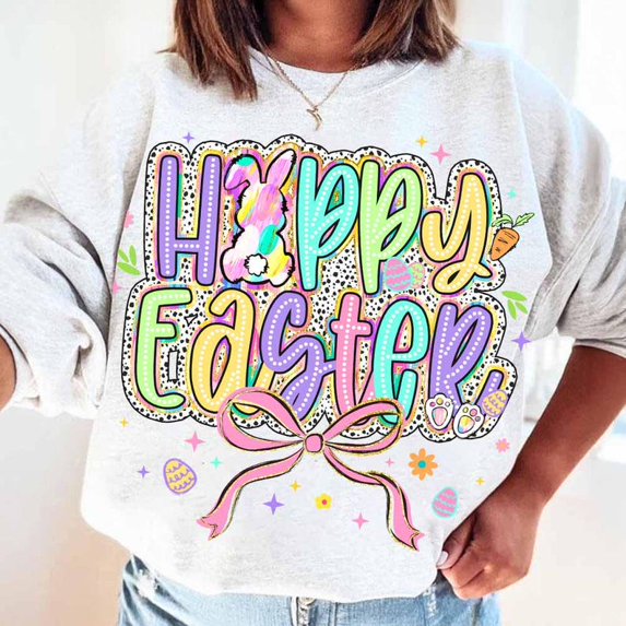 Happy Easter Bunny Sweatshirt, Coquette Bow Easter Shirt, Retro Preppy Easter Sweatshirt, Brushstroke Bunny Shirt, Hand Drawn Dalmatian Dots Outfit