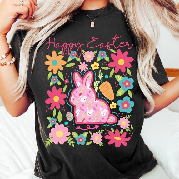 Happy Easter Bunny T-Shirt, Boho Floral Spring Tee, Retro Easter Egg Shirt, Cute Bunny Boho Easter T-Shirt for Women & Girls