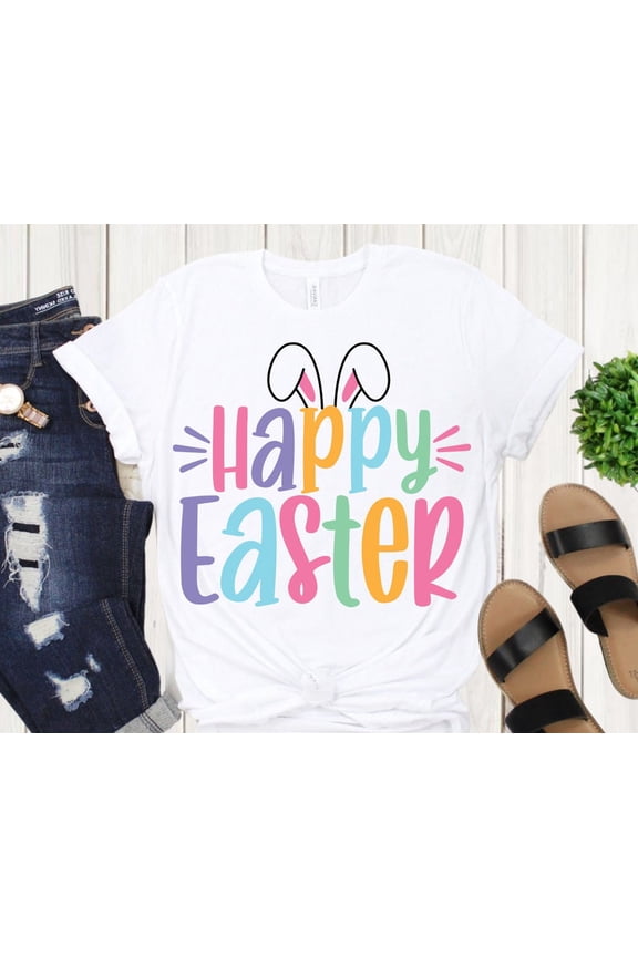 Happy Easter Bunny T-Shirt, Cute Spring Bunny Ears Teacher Shirt, Easter SVG-Inspired Graphic Tee, Cricut Style Sublimation Design Shirt