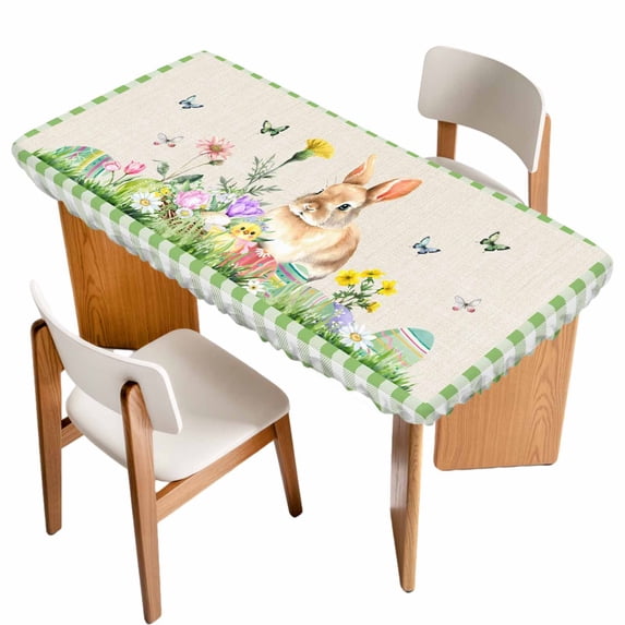 Happy Easter Bunny Table Cloths for 3 Foot Rectangle Tables, Spring Floral Burlap Sage Green Plaid Patio Waterproof Elastic Fitted Tablecloths, Washable Rectangular Table Cover for Camping