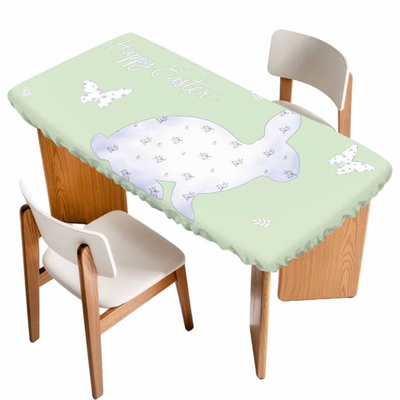 Happy Easter Bunny Table Cloths for 5 Foot Rectangle Tables, Rabbit Butterfly Spring Flowers Green Patio Waterproof Elastic Fitted Tablecloths, Washable Rectangular Table Cover for Camping