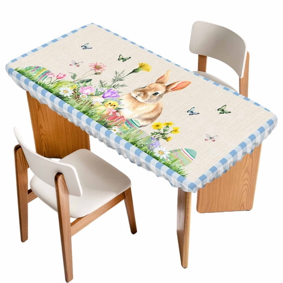 Happy Easter Bunny Table Cloths for 6 Foot Rectangle Tables, Spring Floral Burlap Blue Plaid Patio Waterproof Elastic Fitted Tablecloths, Washable Rectangular Table Cover for Camping