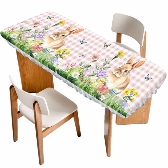 Happy Easter Bunny Table Cloths for 8 Foot Rectangle Tables, Spring Floral Pink Blue Plaid Patio Waterproof Elastic Fitted Tablecloths, Washable Rectangular Table Cover for Camping