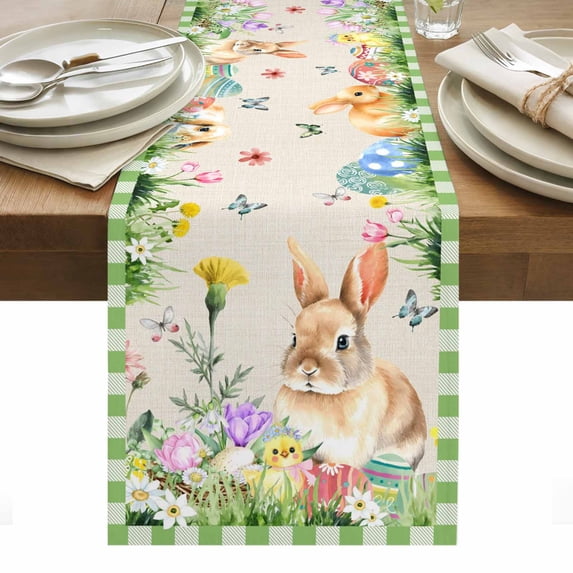 Happy Easter Bunny Table Runner - 108 Inch Long, Kitchen Dining Table Runner Dresser Scarves, Spring Floral Burlap Sage Green Plaid Farmhouse Decor for Coffee Tables Wedding Party Banquet