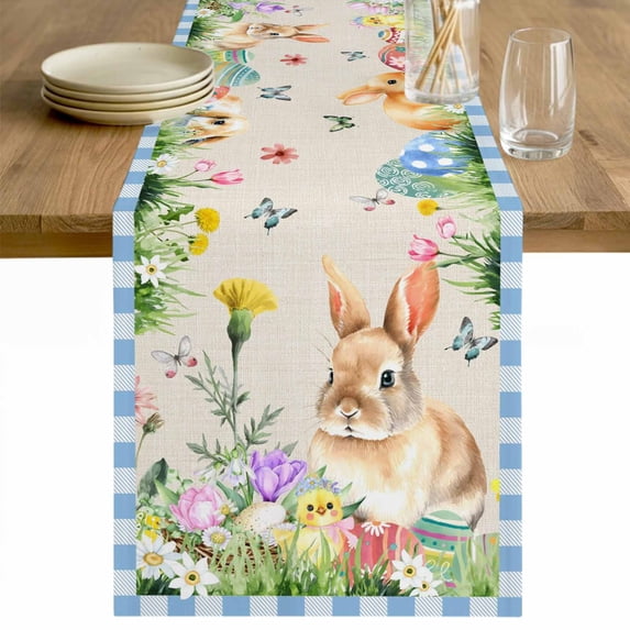 Happy Easter Bunny Table Runner 108 Inches Long Farmhouse Dress Scarves, Spring Floral Burlap Blue Plaid Dining Tablerunner for Coffee Table/Kitchen Island/Party Décor, 13" x 108"