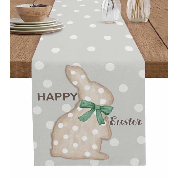 Happy Easter Bunny Table Runner 36 Inches, Abstract Art Polka Dot Rabbit Bed Runner Dresser Scarves Tabletop for Indoor Outdoor Parties/Ceremony/Banquet, 13"x 36"