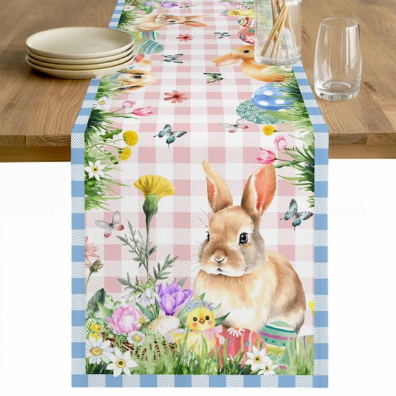 Happy Easter Bunny Table Runner 48 Inches Long Farmhouse Dress Scarves, Spring Floral Pink Blue Plaid Dining Tablerunner for Coffee Table/Kitchen Island/Party Décor, 13" x 48"