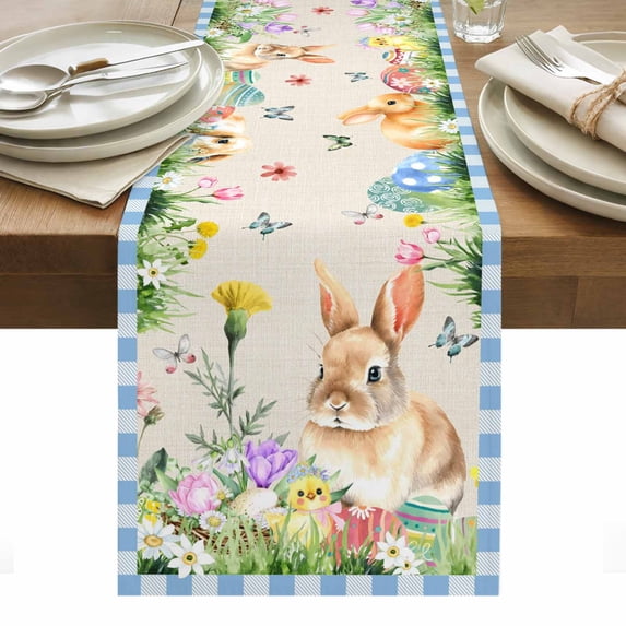 Happy Easter Bunny Table Runner - 60 Inch Long, Kitchen Dining Table Runner Dresser Scarves, Spring Floral Burlap Blue Plaid Farmhouse Decor for Coffee Tables Wedding Party Banquet