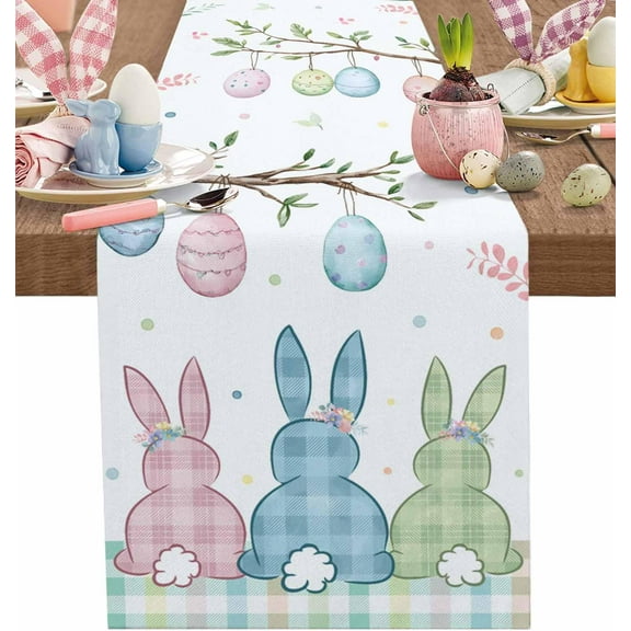 Happy Easter Bunny Table Runner Easter Eggs Spring Leaves Table Runners Colored Plaid Dining Table Decoration for Kitchen Home Banquet Party Wedding 13" x 72"