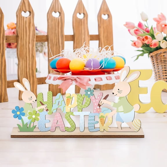 Happy Easter Bunny Table Sign, Easter Wooden Table Centerpiece, Wooden Table Decor Tabletop Sign Rabbit Decorative Table Centerpiece, Rustic Farmhouse Bunny Holiday Decoration for Spring Easter Decor