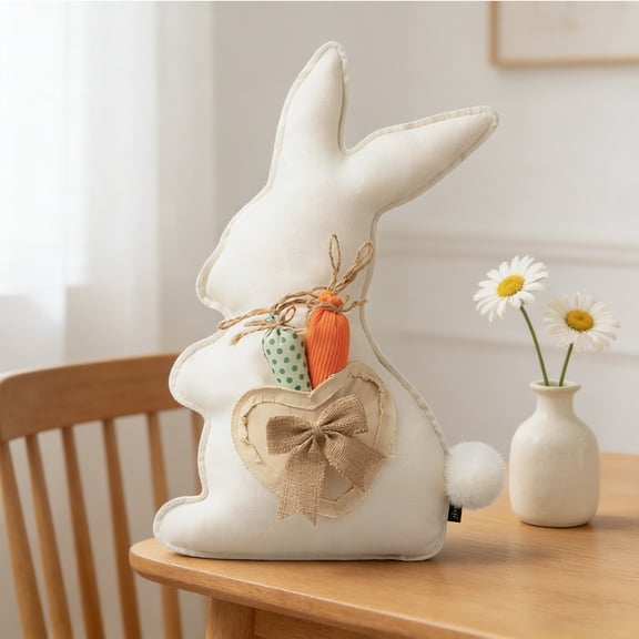 Happy Easter Bunny Throw Pillow 20 Inch - White Linen Feel Rabbit Cushion with Detachable Carrot and Bow, Soft Decorative Accent for Sofa Bed Nursery, Spring Holiday Gift for Kids and Adults
