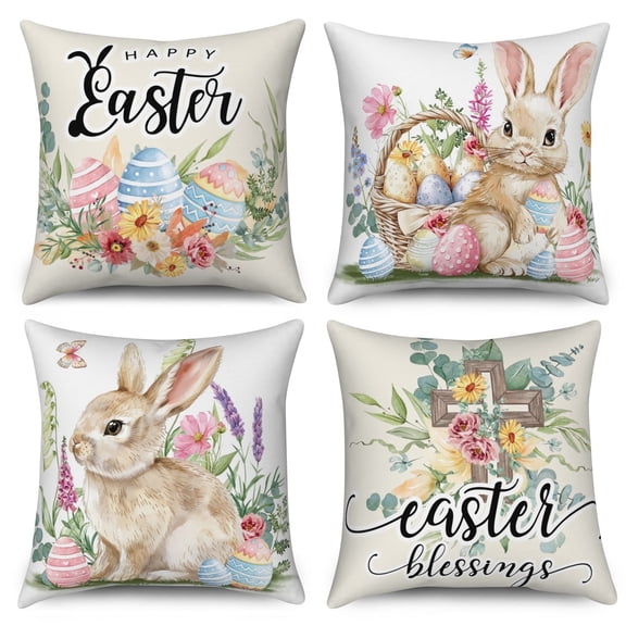 Happy Easter Bunny Throw Pillow Covers 18x18 Set of 4,Cute Rabbits Flower Eggs Decorative Pillow Cases for Bedroom Sofa Couch