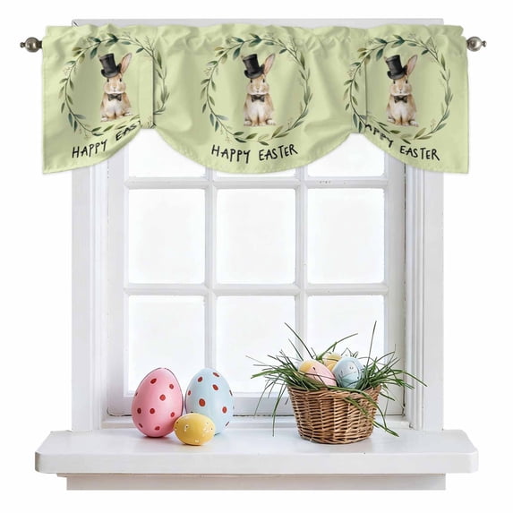 Happy Easter Bunny Tie Up Valances Curtain, Spring Cute Rabbit Grass Rings Green Backgroung Adjustable Rod Pocket Short Window Treatment Tie Up Curtains Valances for Kitchen Bathroom 42x18 Inches