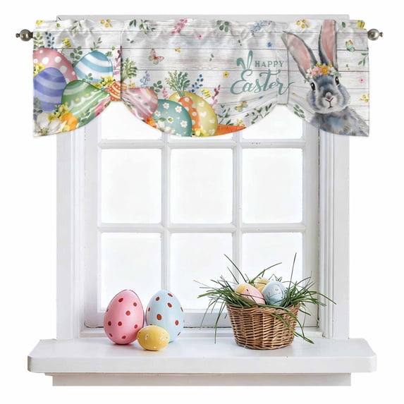 Happy Easter Bunny Tie Up Valances Curtain, Spring Gray Rabbit Colorful Eggs Wood Grain Adjustable Rod Pocket Short Window Treatment Tie Up Curtains Valances for Kitchen Bathroom 42x18 Inches