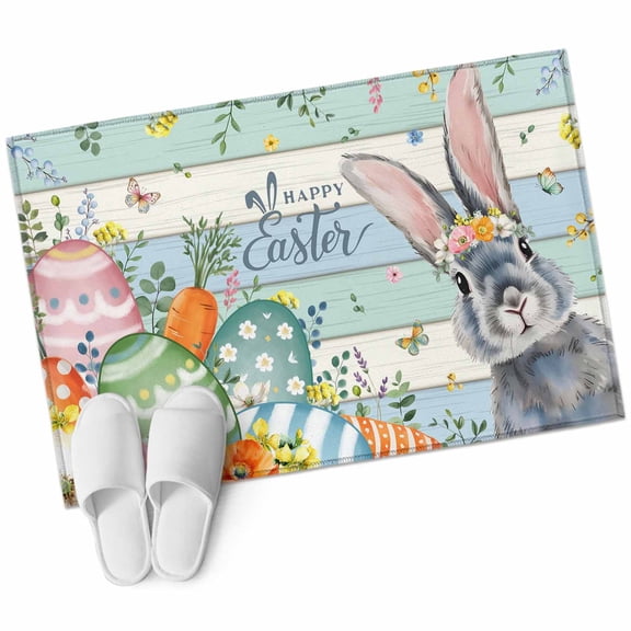 Happy Easter Bunny Washable Area Rug 2 x 3 ft Spring Gray Rabbit Colorful Eggs Colorful Wood Grain, Soft Non-Slip Rugs Stain Repellent Indoor Felt Carpet for Living Dining Room Bedroom Home Office