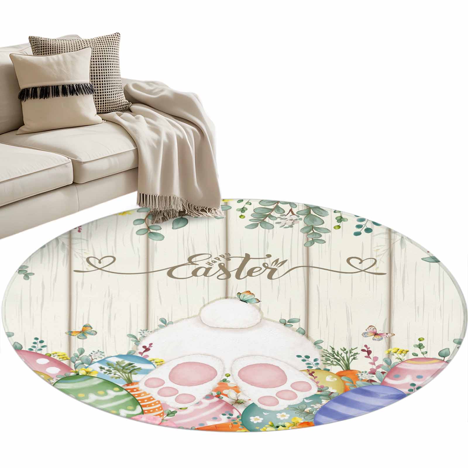 Happy Easter Rug Happy Easter Bunny Washable Round Area Rug 3.3 ft, Spring Rabbit Eggs ...