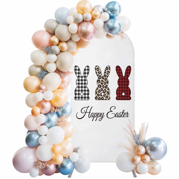 Happy Easter Bunny Wedding Arch Backdrop Cover 4FT ,Spandex Fitted Rabbit Butt Check Plaid Wedding Arch Covers Round Top Chiara Arches Backdrop Stand Cover for Birthday Party Ceremony Banquet