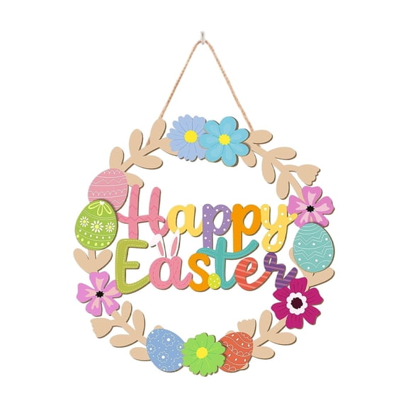 Happy Easter Bunny Welcome Door Plaque, 9.84 inch Wood Hanging Decorative Sign with Flowers & Eggs, For Garden Home Shop Festive Easter Decorations