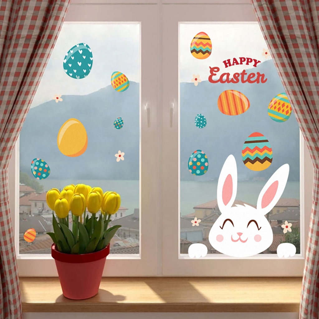 Happy Easter Bunny Window Clings, Cute Eggs Bunny Carrot Rabbit Chick ...