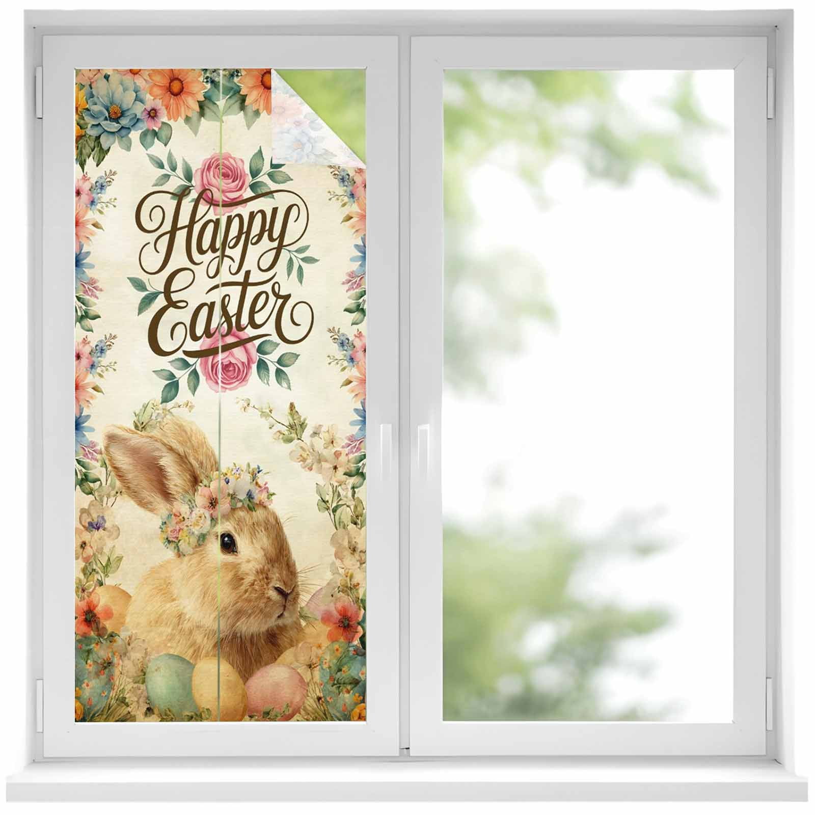 Happy Easter Bunny Window Privacy Film, Eggs Spring Flowers Retro ...