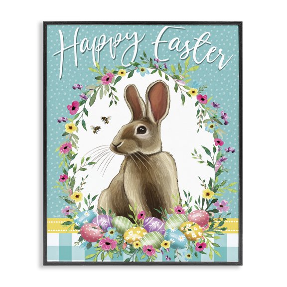 Stupell Industries Happy Easter Bunny Wreath Black Framed Giclee Art, design by Elizabeth Tyndall
