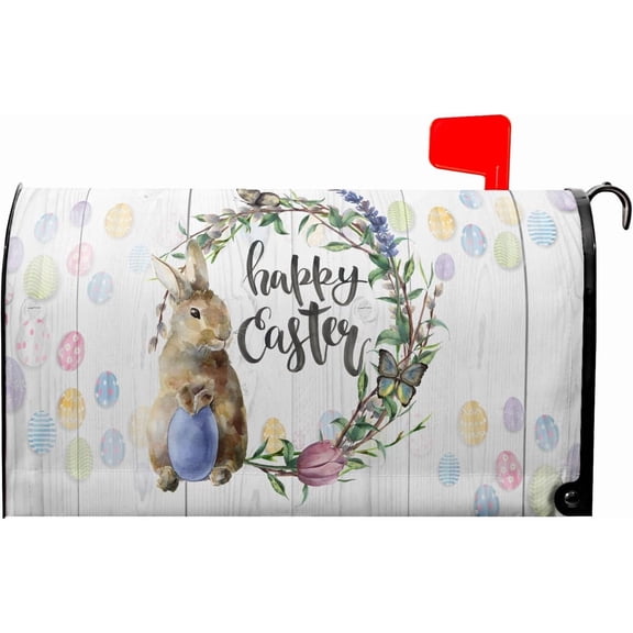 Happy Easter Bunny Wreath Mailbox Covers Magnetic Standard Size 18" X 21",Easter Colorful Eggs Mailbox Wraps Post Letter Box Easter Cover for Holiday Garden Yard Decor