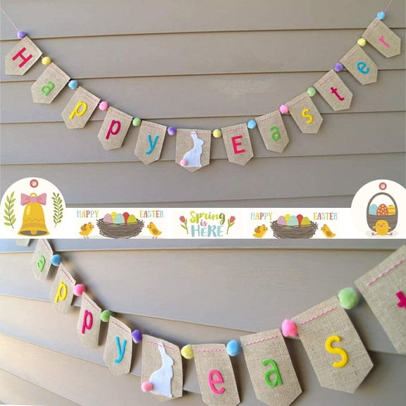 Happy Easter Burlap Banner Decorations, Happy Easter Garland Bunting, Spring Farmhouse Decorations for Mantle,Rabbit Banner Gift for Kids