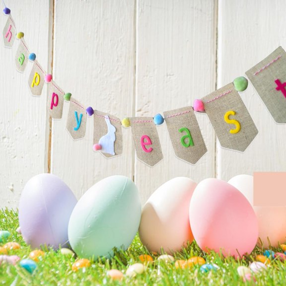 Happy Easter Burlap Banner Decorations, Happy Easter Garland Bunting, Spring Farmhouse Decorations for Mantle, Rabbit Banner