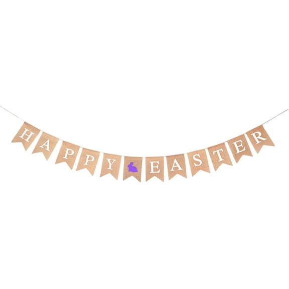 Happy Easter Burlap Banner with Purple Bunny Pattern, Rustic Jute Pennant Garland for Easter Spring Holiday Home Mantel Wall Party Decorations