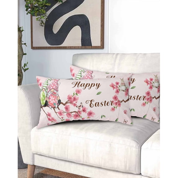 Happy Easter California King Pillow Case - Microfiber Bed Throw Pillow Covers, Pink Spring Gnomes Eggs Flower Branch Rabbit Decorative Lumbar Pillow Cover with Envelope Closure for Sofa 20"x40"