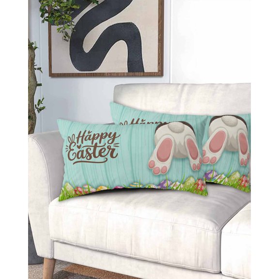 Happy Easter California King Pillow Case - Microfiber Bed Throw Pillow Covers, Spring Bunny Easter Eaggs Grasses Teal Wood Decorative Lumbar Pillow Cover with Envelope Closure for Sofa/Travel 20"x40"