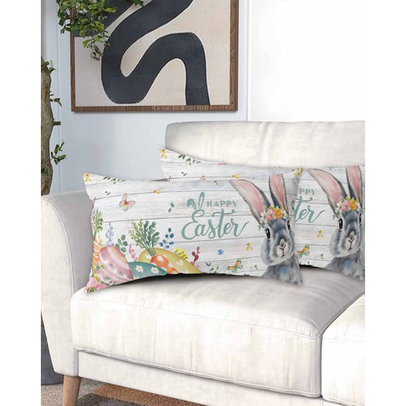 Happy Easter California King Pillow Case - Microfiber Bed Throw Pillow Covers, Spring Bunny Easter Eggs Floral Gray Wood Decorative Lumbar Pillow Cover with Envelope Closure for Sofa/Travel 20"x40"