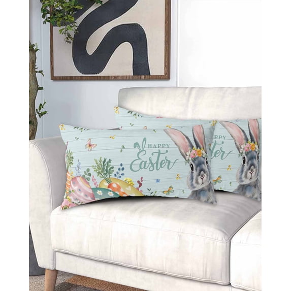 Happy Easter California King Pillow Case - Microfiber Bed Throw Pillow Covers, Spring Bunny Easter Eggs Floral Teal Wood Decorative Lumbar Pillow Cover with Envelope Closure for Sofa/Travel 20"x40"