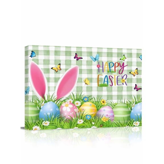 Happy Easter Canvas Print Wall Art Cartoon Funny Rabbit Ears Colorful Eggs Butterfly Green Plaid Pictures Painting Morden Artwork for Living Room Bedroom, Ready to Hang - 12"x16"