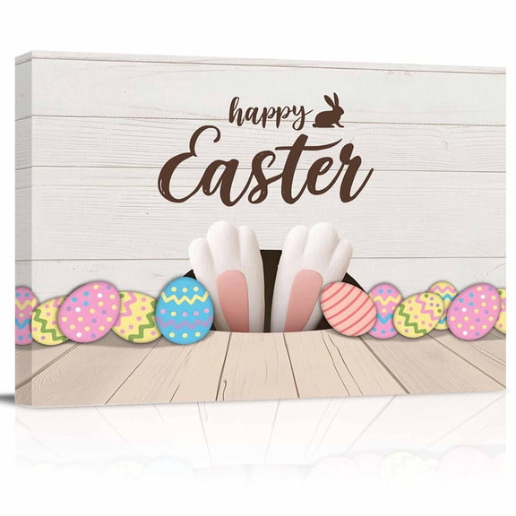 Happy Easter Canvas Print Wall Art Colored Eggs Cute Bunny Rabbit Wood Grain Off White Pictures Painting Morden Artwork for Living Room Bedroom, Ready to Hang - 12"x16"