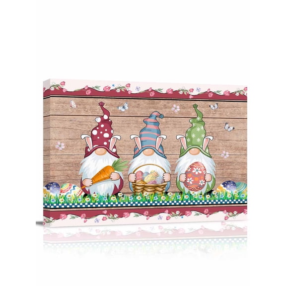 Happy Easter Canvas Print Wall Art Colorful Gnomes Carrot Eggs Brown Wood Grain Pink Floral Border Pictures Painting Morden Artwork for Living Room Bedroom, Ready to Hang - 12"x16"
