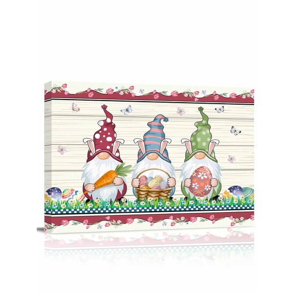 Happy Easter Canvas Print Wall Art Colorful Gnomes Carrot Eggs Yellow Wood Grain Pink Floral Border Pictures Painting Morden Artwork for Living Room Bedroom, Ready to Hang - 12"x16"