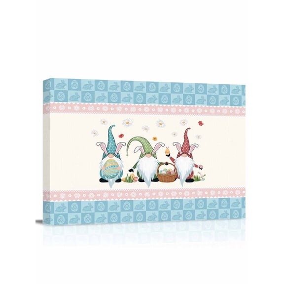 Happy Easter Canvas Print Wall Art Cute Gnomes Easter Egg Spring Floral Blue Pink Flowers Bunny Border Pictures Painting Morden Artwork for Living Room Bedroom, Ready to Hang - 12"x16"