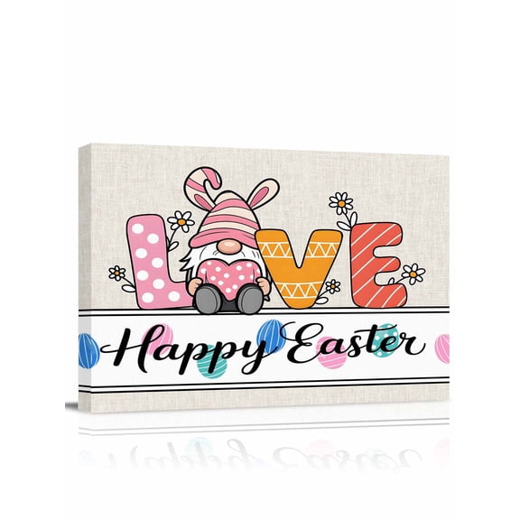 Happy Easter Canvas Print Wall Art Cute LOVE Gnome Dasiy Eggs Cartoon Retro Linen Pictures Painting Morden Artwork for Living Room Bedroom, Ready to Hang - 12"x16"