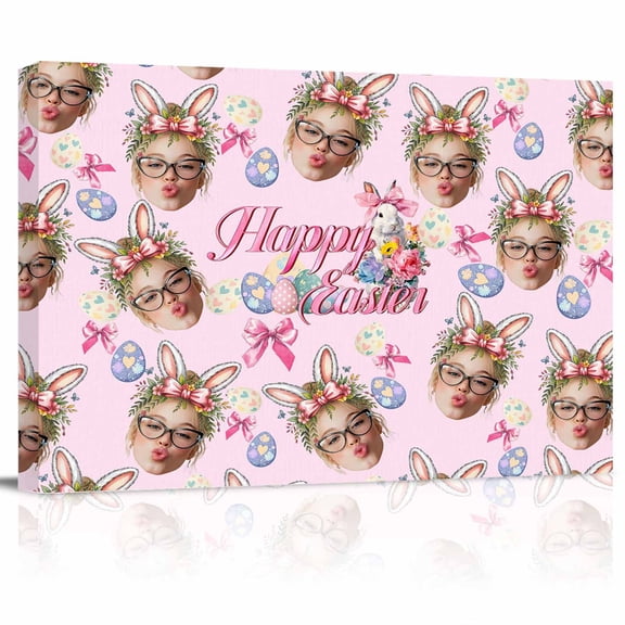 Happy Easter Canvas Print Wall Art Cute Rabbit Ears Face Purple Eggs Bowknots Pink Pictures Painting Morden Artwork for Living Room Bedroom, Ready to Hang - 12"x16"