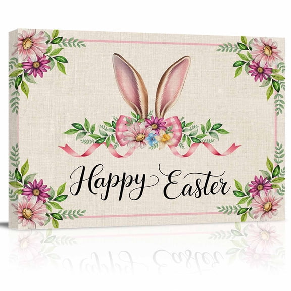 Happy Easter Canvas Print Wall Art Daisy Rabbit Ear Green Leaf Spring Vintage Linen Pictures Painting Morden Artwork for Living Room Bedroom, Ready to Hang - 12"x16"
