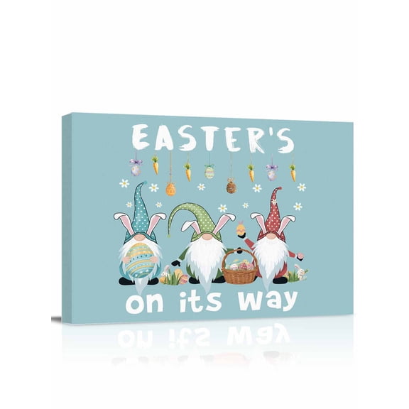 Happy Easter Canvas Print Wall Art Simple Colorful Gnomes Easter Eggs Floral Carrots Plant Blue Pictures Painting Morden Artwork for Living Room Bedroom, Ready to Hang - 12"x16"