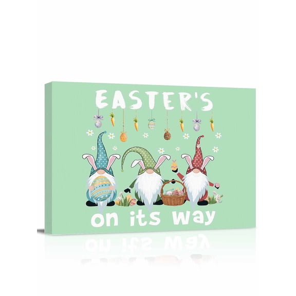 Happy Easter Canvas Print Wall Art Simple Colorful Gnomes Easter Eggs Floral Carrots Plant Green Pictures Painting Morden Artwork for Living Room Bedroom, Ready to Hang - 12"x16"