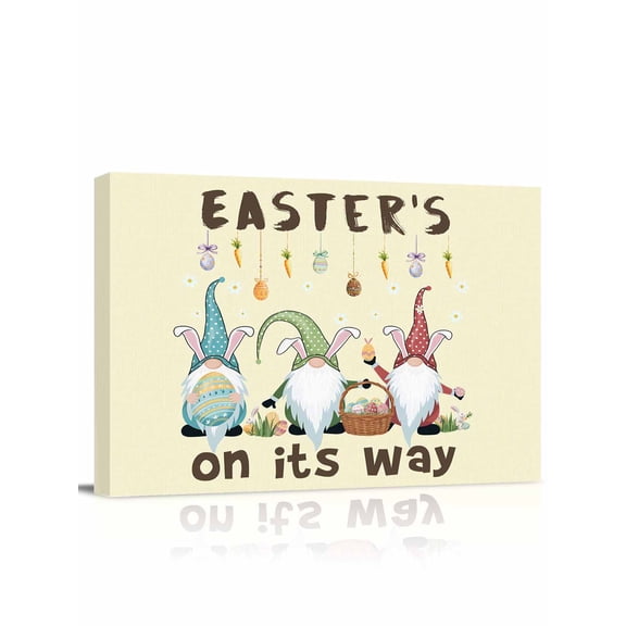 Happy Easter Canvas Print Wall Art Simple Colorful Gnomes Easter Eggs Floral Carrots Plant Yellow Pictures Painting Morden Artwork for Living Room Bedroom, Ready to Hang - 12"x16"