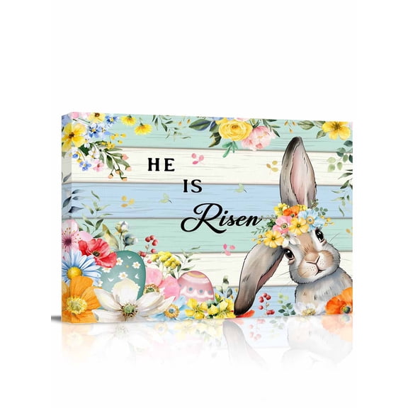 Happy Easter Canvas Print Wall Art Spring Bunny He Is Risen Yellow Flower Teal Wood Grain Pictures Painting Morden Artwork for Living Room Bedroom, Ready to Hang - 12"x16"