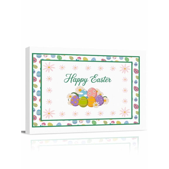 Happy Easter Canvas Print Wall Art Spring Colored Eggs Pink Flowers Green Border Pictures Painting Morden Artwork for Living Room Bedroom, Ready to Hang - 12"x16"