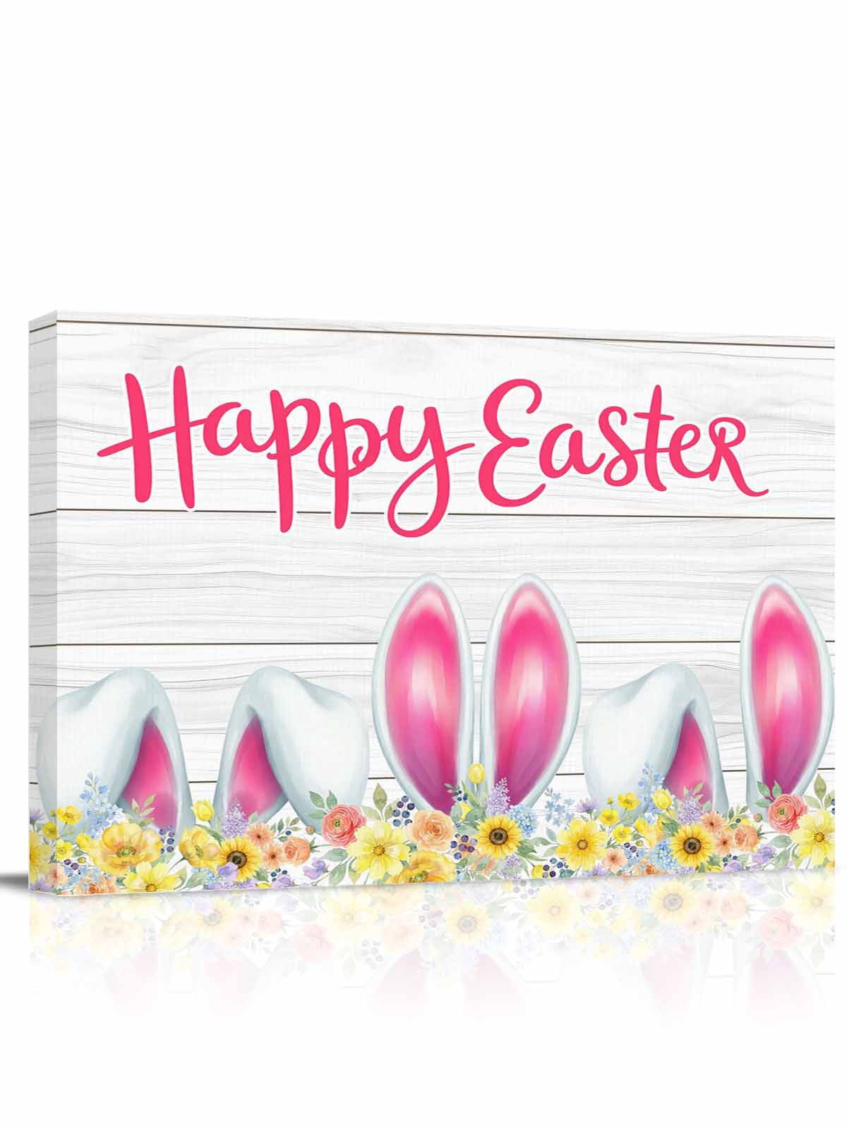 Happy Easter Canvas Print Wall Art Spring Pink Bunny Ear Yellow Flower ...