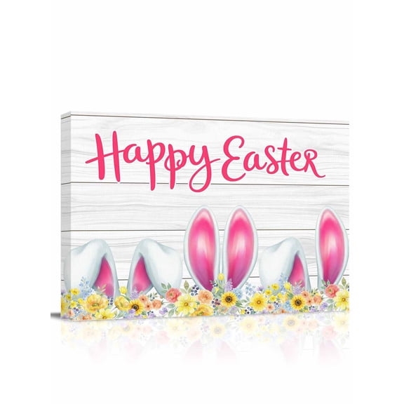 Happy Easter Canvas Print Wall Art Spring Pink Bunny Ear Yellow Flower Floral Wood Grain Pictures Painting Morden Artwork for Living Room Bedroom, Ready to Hang - 12"x16"